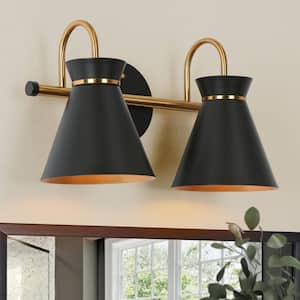 14.5 in. 2-Light Polished Brass Wall Sconce, Industrial Black Bathroom Vanity Light, Modern Bath Lighting for Mirrors