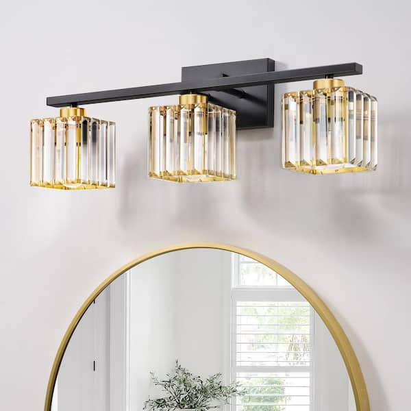 24 in. 3-Light Black Vanity Light with square crystal glass shades