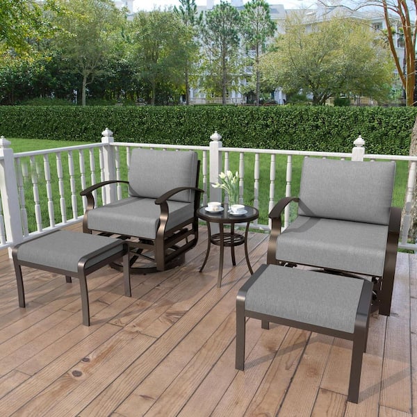 Brownish Black Swivel Aluminum Outdoor Rocking Chair Set with Side Table, 2 Ottomans and Cushion Gray