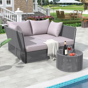 2-Piece Sling Outdoor Day Bed and Table Set, Patio Chaise Lounger Loveseat, Sunbed with Woven Rope and Cushions, Gray