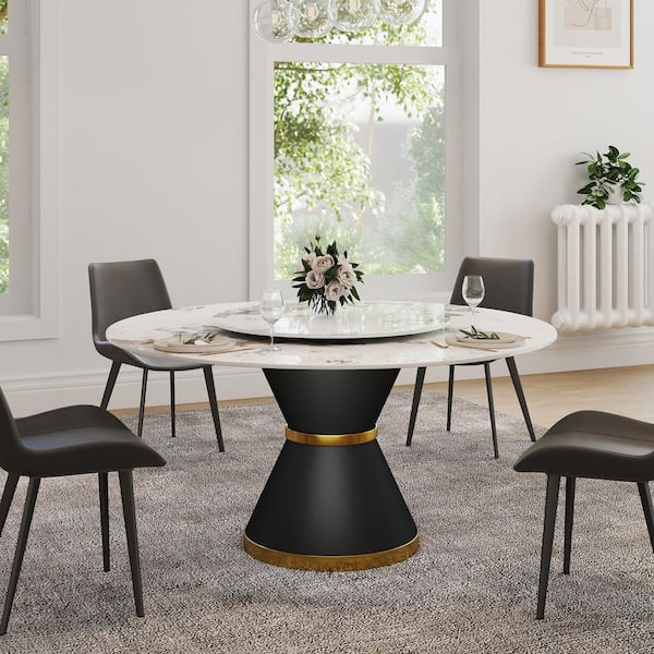 59 in. Pandora Circular Rotable Sintered Stone Tabletop with Lazy Susan Pedestal Base Kitchen Dining Table (Seats 8)