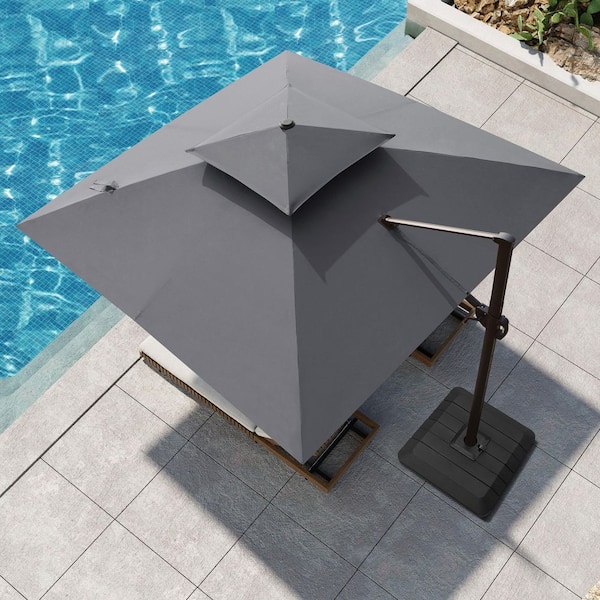 Pellebant Double Top 11 ft. Square Aluminum Outdoor Umbrella Cantilever-Offset Patio Umbrella in Dark Gray with Weights Base