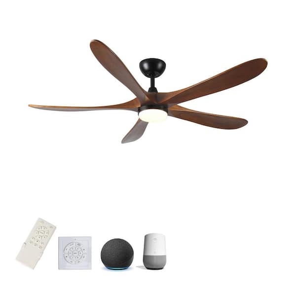52 in. Smart Indoor/Outdoor 5 Walnut Solid Wood Blades Slient Ceiling Fan with LED Light & Remote Control