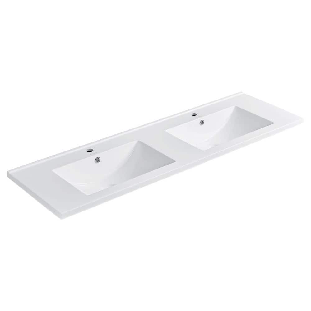 White Ceramic Double Vanity Top Bathroom Sink, 60 Inch