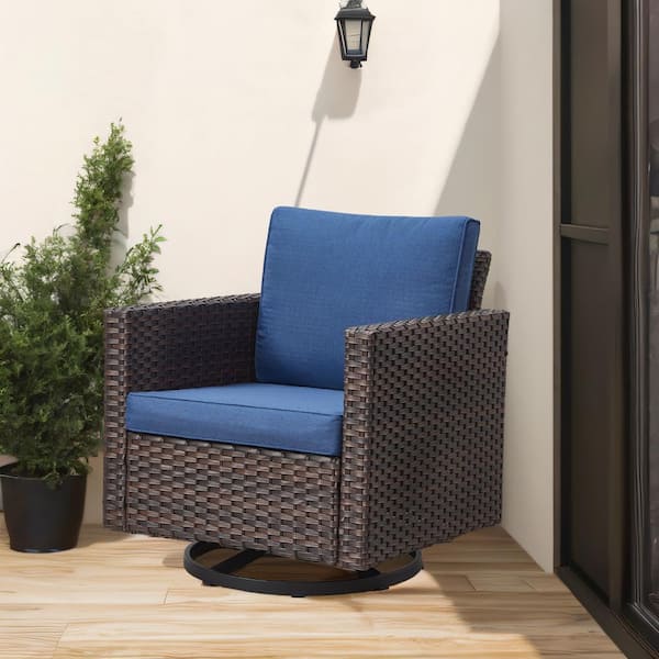 U-Weave Metal and Brown Wicker Outdoor Rocking Chair Patio Swivel Chairs with Olefin Navy Blue Cushions