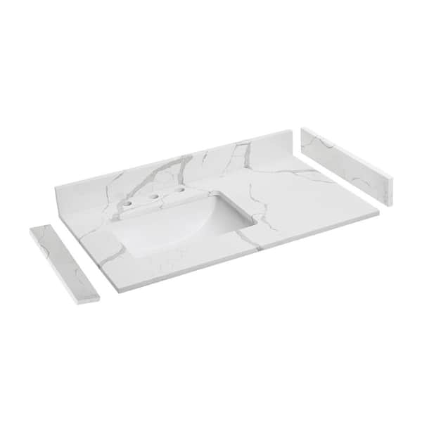 PROOX 36 in. W x 22 in. D Quartz White Rectangular Single Sink Bathroom Vanity Top in Calacatta White