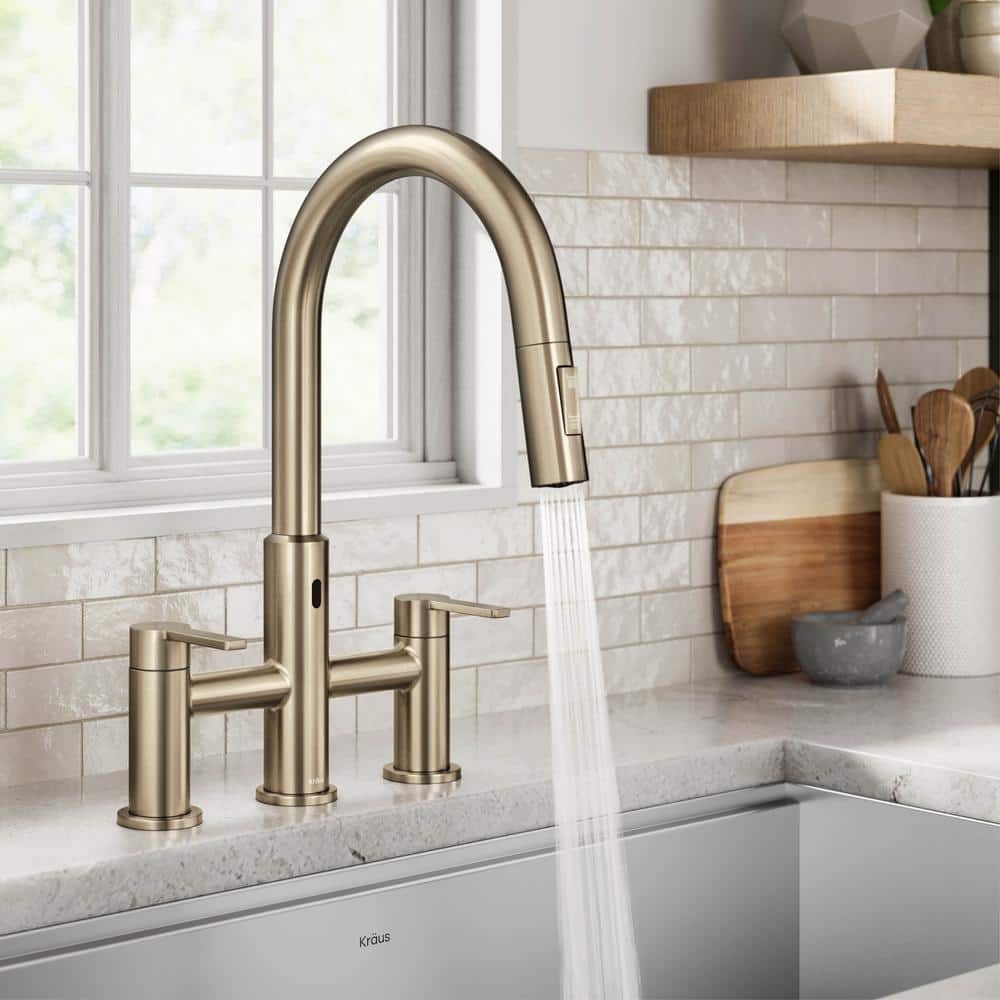 Antique Bronze Touchless Sensor Bridge Kitchen Faucet with Pull-Down Sprayhead