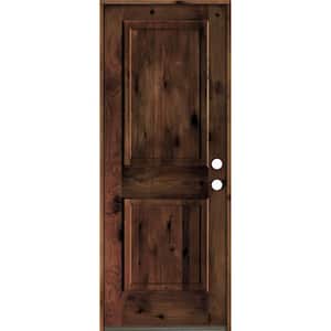 30 in. x 80 in. Rustic Knotty Alder Square Top Red Mahogony Stain Left-Hand Inswing Wood Single Prehung Front Door