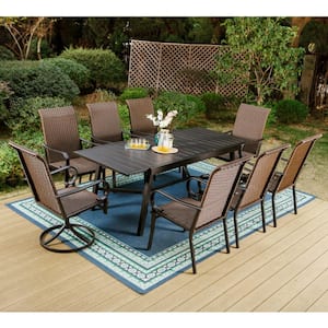Black 9-Piece Metal Outdoor Dining Set with Extensible Rectangular Slat Table and Brown Rattan Swivel Chairs