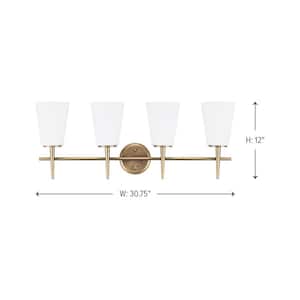 Driscoll 30 in. 4-Light Contemporary Modern Satin Brass Wall Bathroom Vanity Light with Etched White Glass Shades