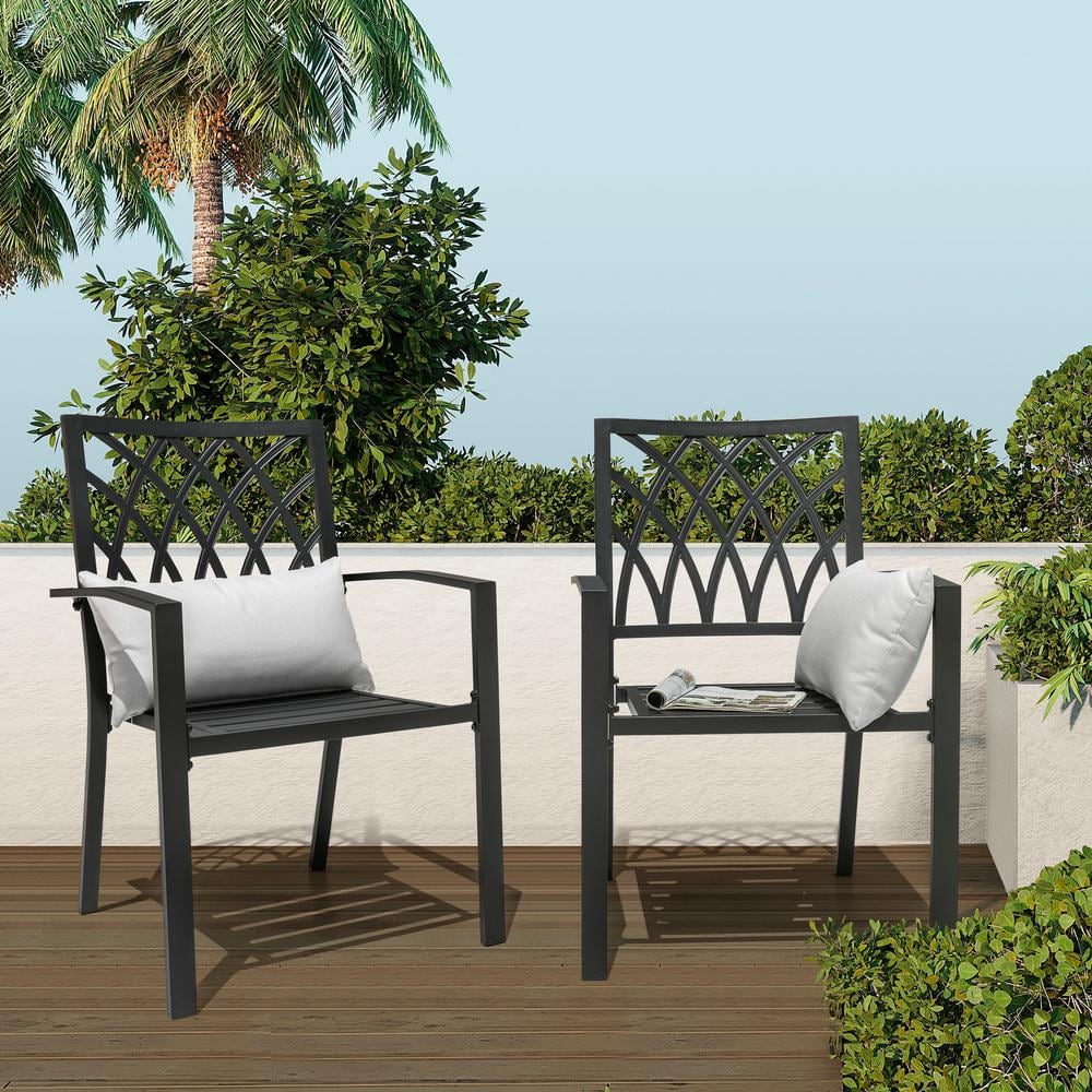 Black Iron Stackable Outdoor Patio Chairs with Lattice Design (2-Pack)