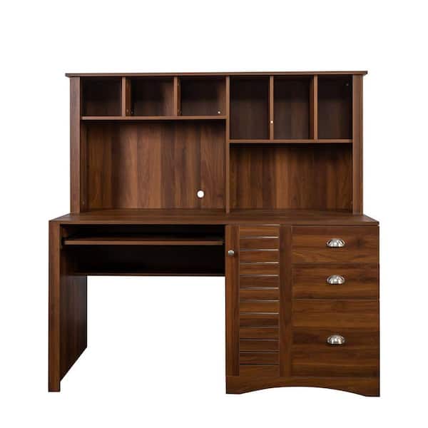 59.06 in. Rectangular Walnut Home Office Computer Desk with Hutch