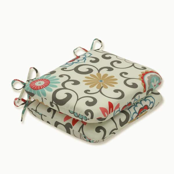 Pillow Perfect Floral 18.5 in. x 15.5 in. Outdoor Dining Chair Cushion in Blue/Brown (Set of 2)