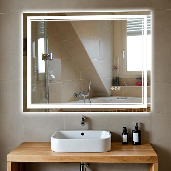 28 in W x 36 in H Rectangular Frameless Wall Mount 3 Colors Dimmable Anti-fog LED Bathroom Vanity Mirror with Memory