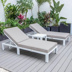 Chelsea Modern White Aluminum Outdoor Patio Chaise Lounge Chair with Side Table and Beige Cushions Set of 2