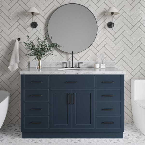 ARIEL Hepburn 55 in. W x 22 in. D x 36 in. H Bath Vanity in Midnight Blue with with Carrara Marble Vanity Top with White Basin