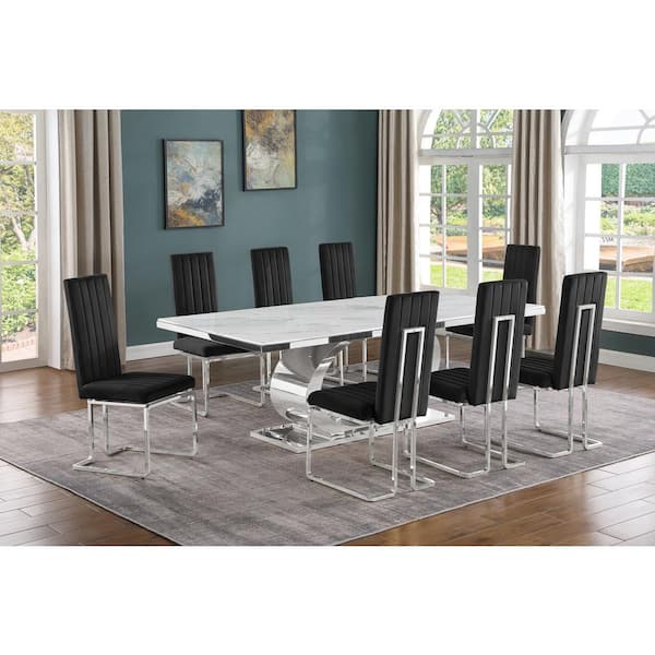 Best Quality Furniture Ibraim 9-Piece Rectangle White Marble Top Stainless Steel Base Dining Set with 8 Black Velvet Chrome Iron Chairs