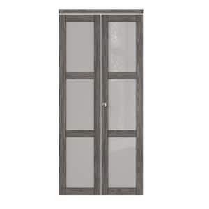 36 in. x 80 in. 3-Lite Frosted Glass Solid Core Dark Walnut Finished MDF Interior Closet Bi-Fold Door with Hardware