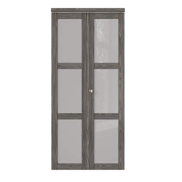 ARK DESIGN 36 in. x 80 in. 3-Lite Frosted Glass Solid Core Dark Walnut Finished MDF Interior Closet Bi-Fold Door with Hardware