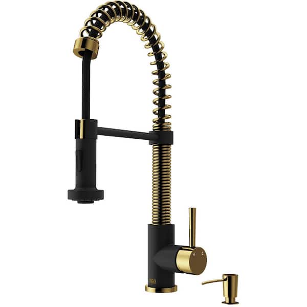 VIGO Edison Single Handle Pull-Down Sprayer Kitchen Faucet Set with Soap Dispenser in Matte Brushed Gold and Matte Black