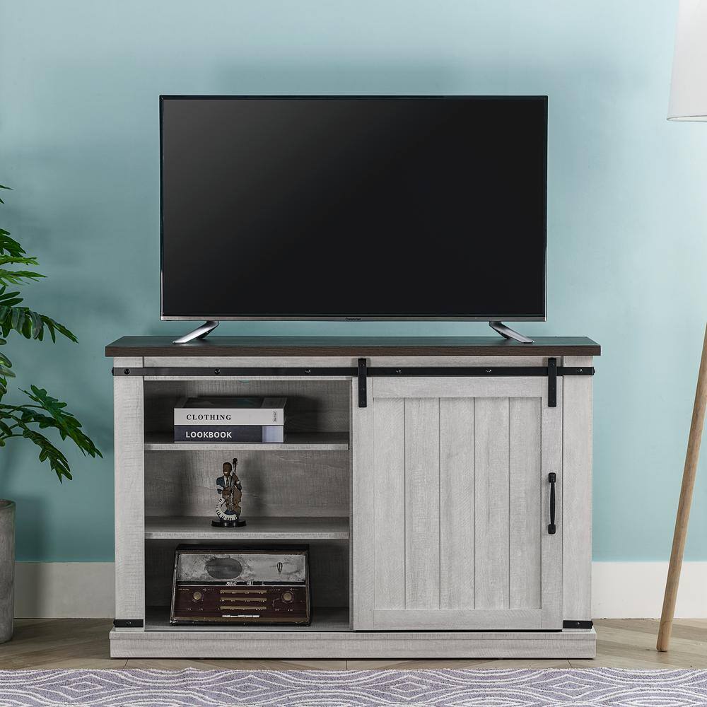 Saw Cut Off White Rustic Sliding Barn-Door TV Stand