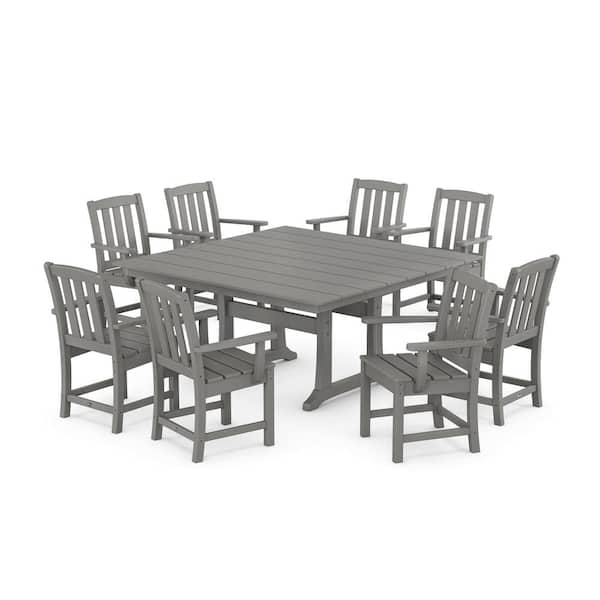 Trex Outdoor Furniture Cape Cod Stepping Stone 9-Piece Farmhouse Trestle Plastic Square Outdoor Dining Set