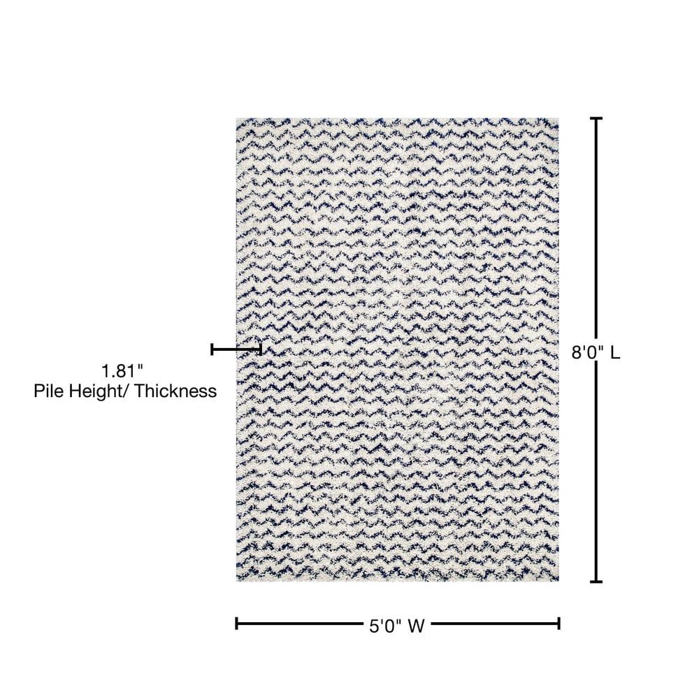 Navy and White Chevron Shag Area Rug, 5' x 8'