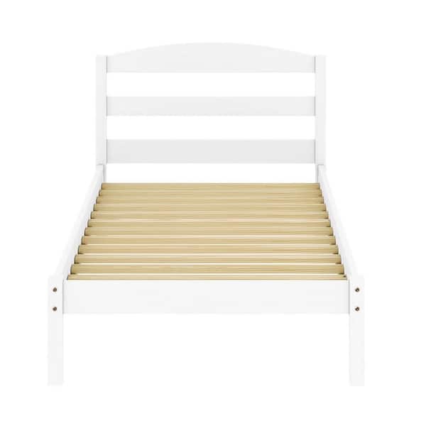 Dwell Home Inc Alexander White Wood Frame, Twin Platform Bed with Headboard and Wooden Slat Support