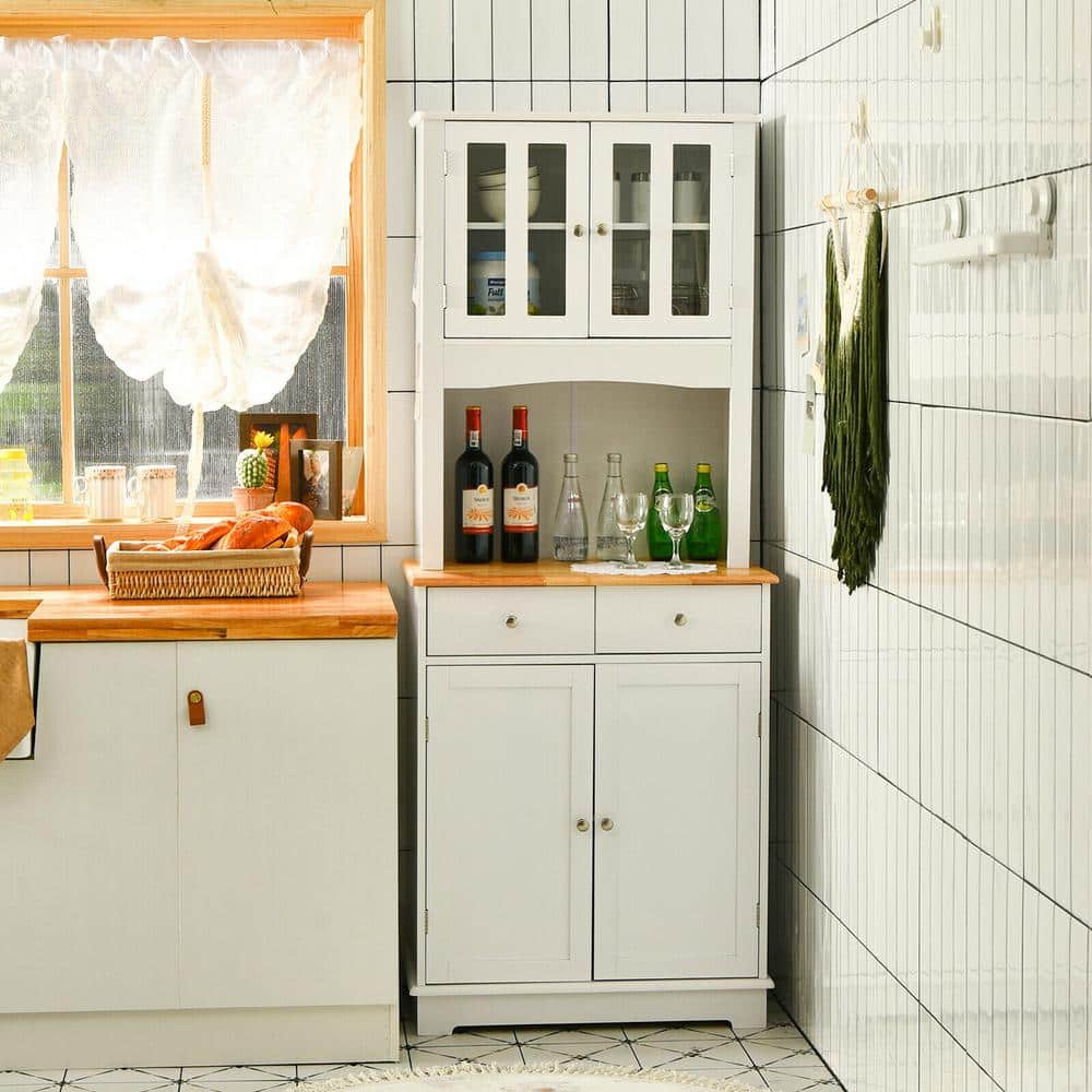 67 in. H White Kitchen Pantry Dining Hutch Storage Cabinet with Microwave S