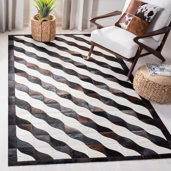 Studio Leather Black Ivory Doormat 3 ft. x 5 ft. Border Striped Area Rug