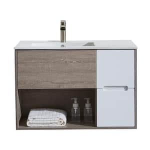 36 in. W x 18 in. D Floating Bathroom Vanities in Gray Wood Grain and White combination with White Ceramic Sink