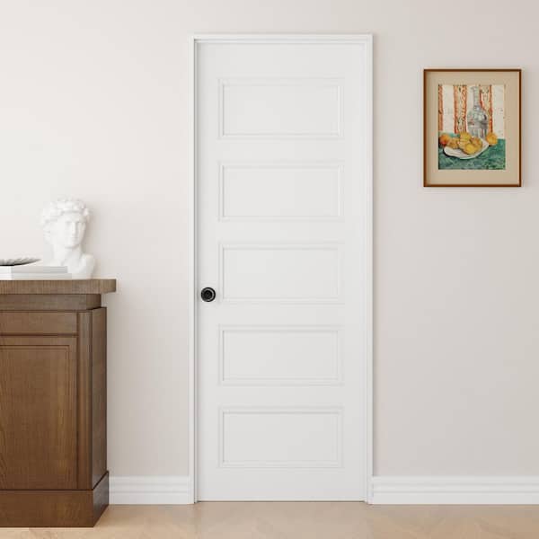 28 in. x 80 in. 5-Panel Right-Handed Painted Solid Core Wood Single Prehung Interior Door with Split Jamb and Lever