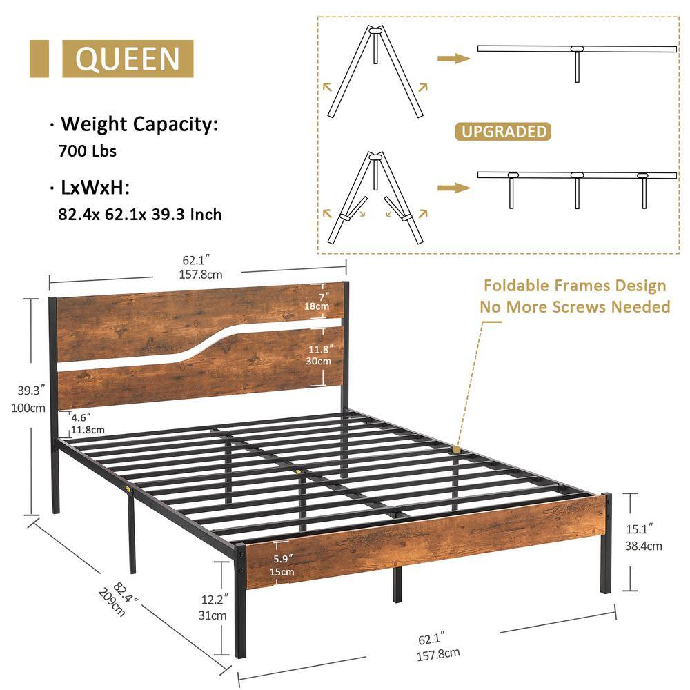 Full Metal Platform Bed Frame with Wooden Headboard，Platform Bed with Metal Frame Under Bed Storage，56.6"W，Brown - thumbnail 8