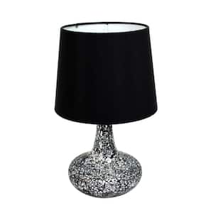 14.17 in. Black and Silver Mosaic Tiled Glass Genie Table Lamp with Satin Look Fabric Shade