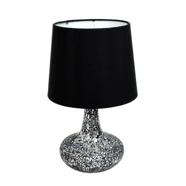 Simple Designs 14.17 in. Black and Silver Mosaic Tiled Glass Genie Table Lamp with Satin Look Fabric Shade