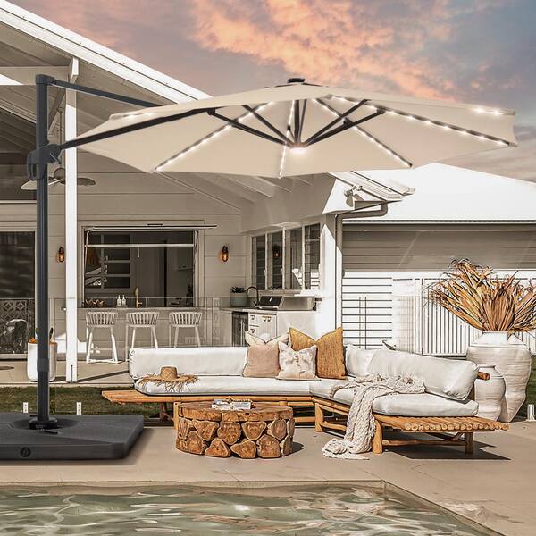 Sonkuki 11 ft. Round Solar LED Aluminum 360-Degree Rotation Cantilever Offset Outdoor Patio Umbrella with a Base in Sand