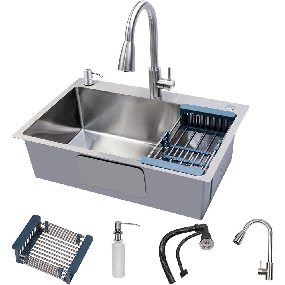 26.7 in. Undermount Kitchen Sink Single Bowl with Faucet Stainless Steel In