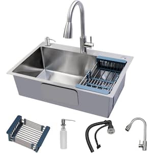 23.5 in. Undermount Kitchen Sink with Faucet Stainless Steel Integrated Ledge & Accessories in SIlver