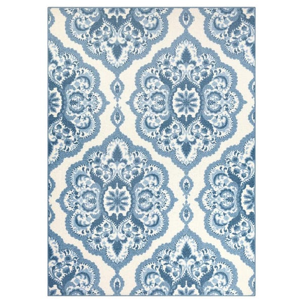 Blue Polyester 5 ft. x 7 ft. Floral Indoor Area Rug