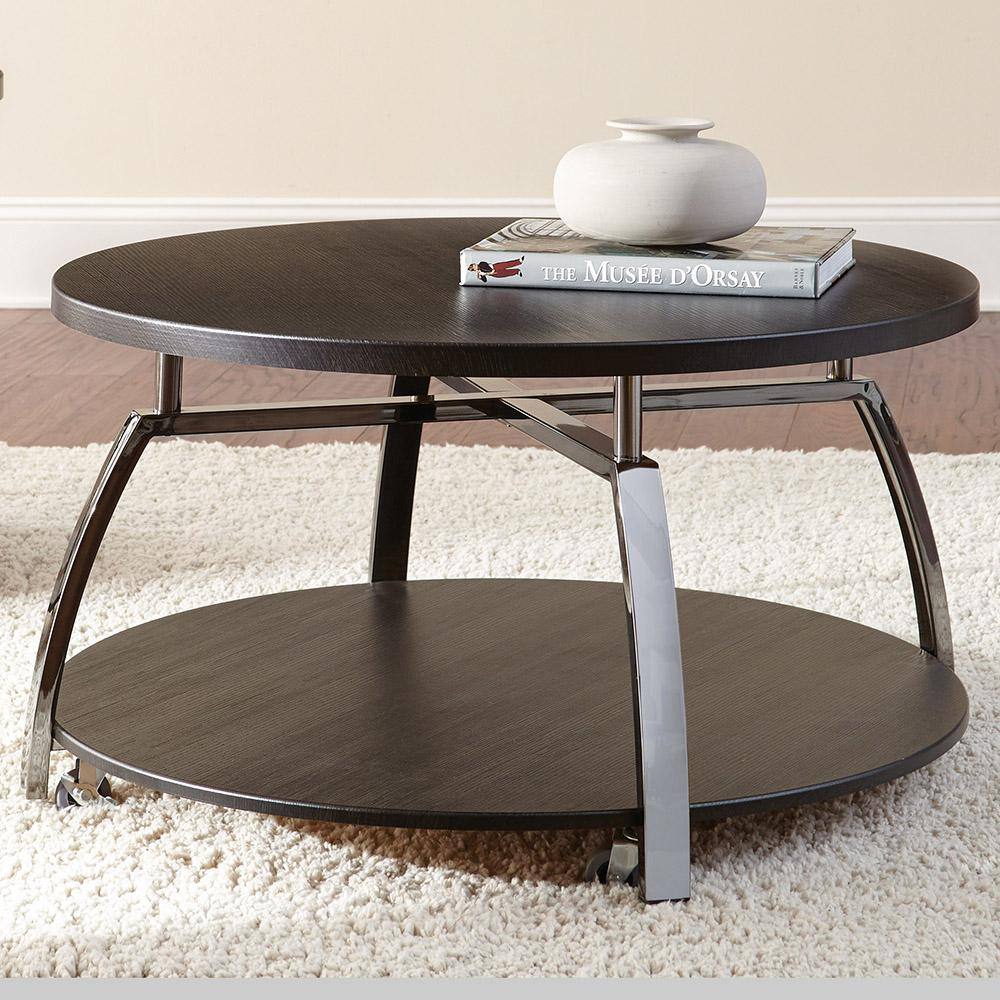 Round Black Nickel and Wood Coffee Table with Casters
