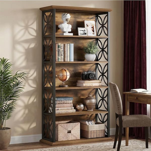 70.87 in. Tall Brown Wood 6-Shelf Standard Bookcase with Metal Frame