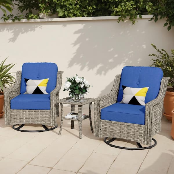 Eureka Grey 3-Piece Wicker Outdoor Patio Conversation Swivel Rocking Chair Seating Set with Navy Blue Cushions