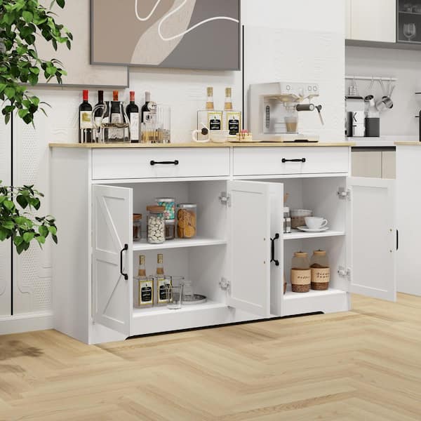 FUNKOL 55.91inx15.75inx32.09in MDF Ready to Assemble Kitchen Cabinet in White with 2 Drawers and 4 Doors with X