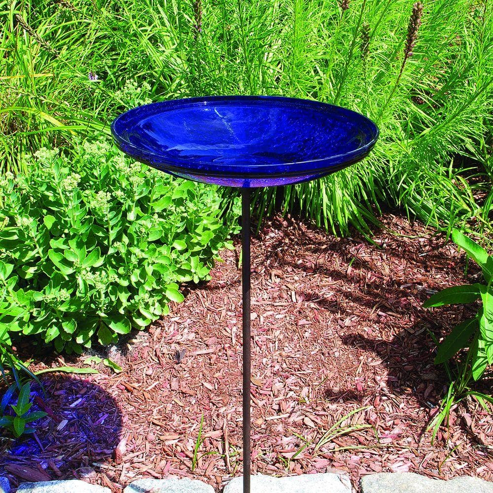 Cobalt Blue Hand Blown Glass Birdbath with Iron Stake