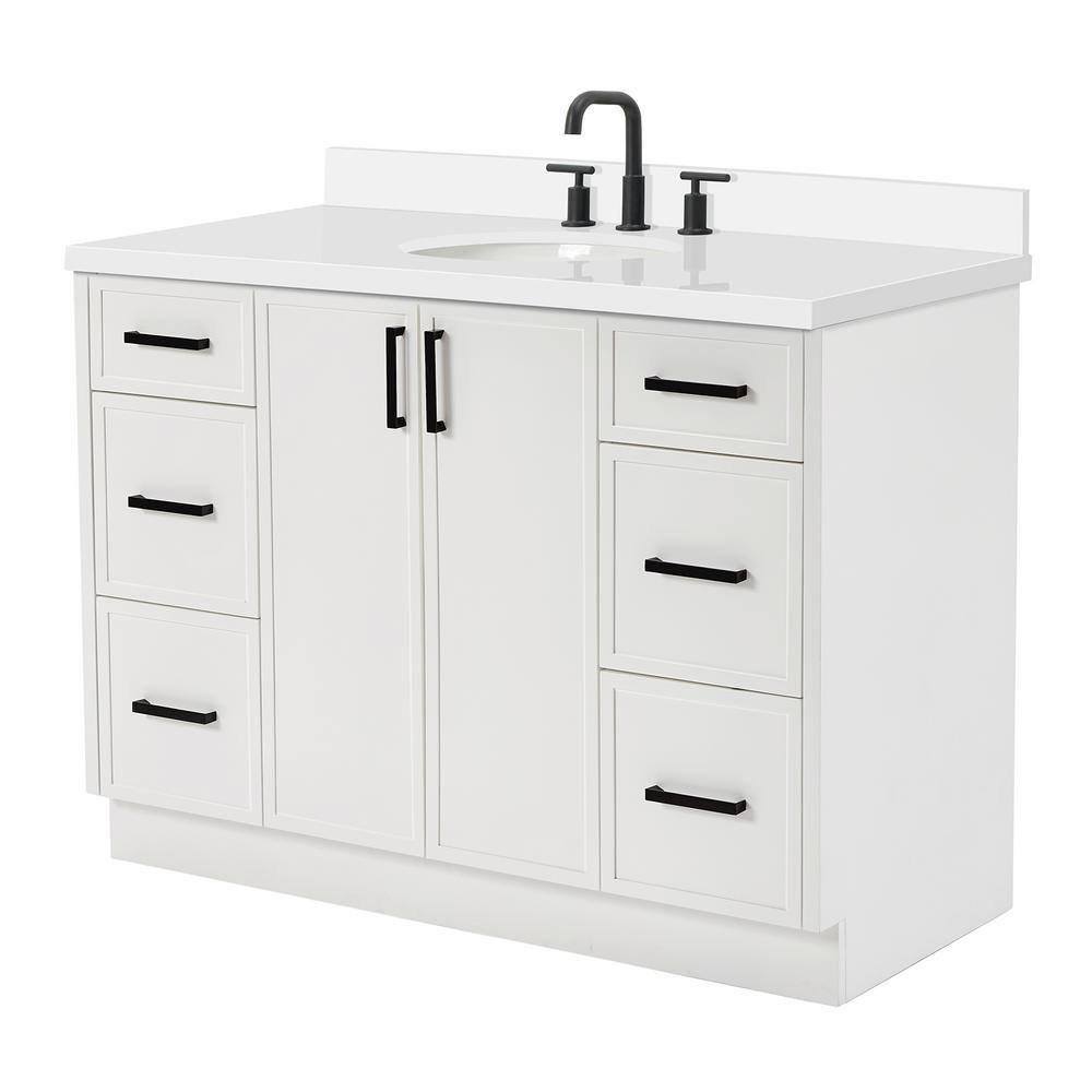 White Solid Wood Single Sink Bathroom Vanity with Quartz Top