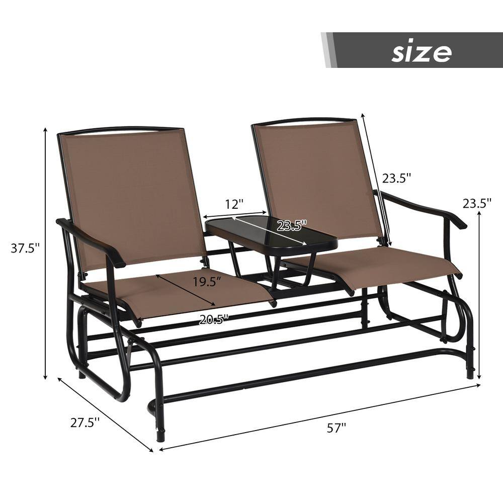 Ergonomic Steel and Glass Outdoor Double Glider Loveseat in Brown