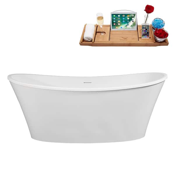 63 in. x 31 in. Acrylic Freestanding Soaking Bathtub in Glossy White With Brushed Nickel Drain, Bamboo Tray
