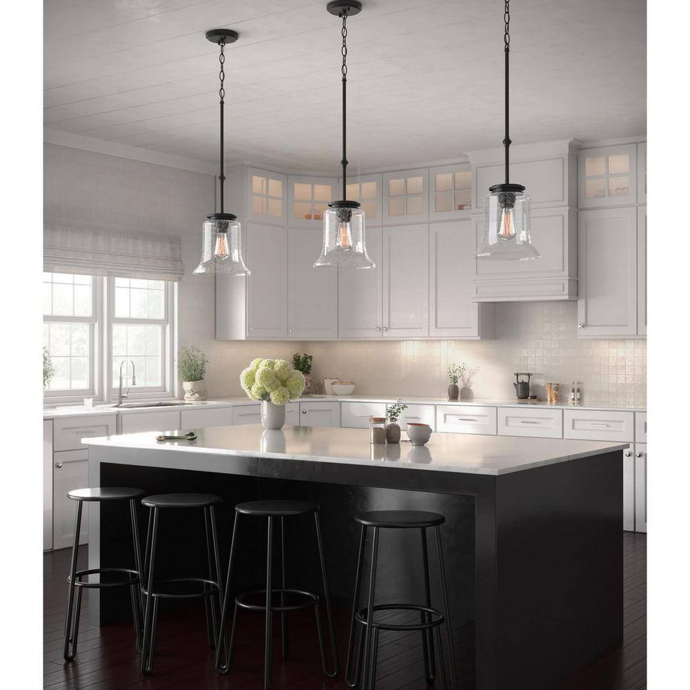 Matte Black Mini Pendant with Seeded Glass Shade