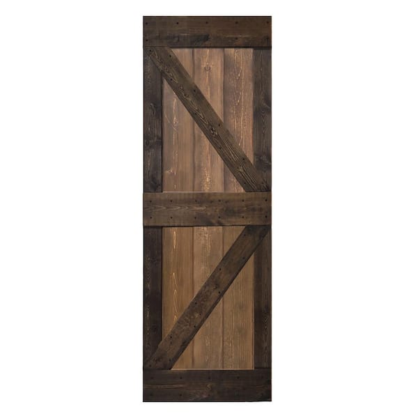 ISLIFE K Style 30 in. x 84 in. Dark Walnut/Kona Coffee Finished Solid Wood Sliding Barn Door Slab - Hardware Kit Not Included