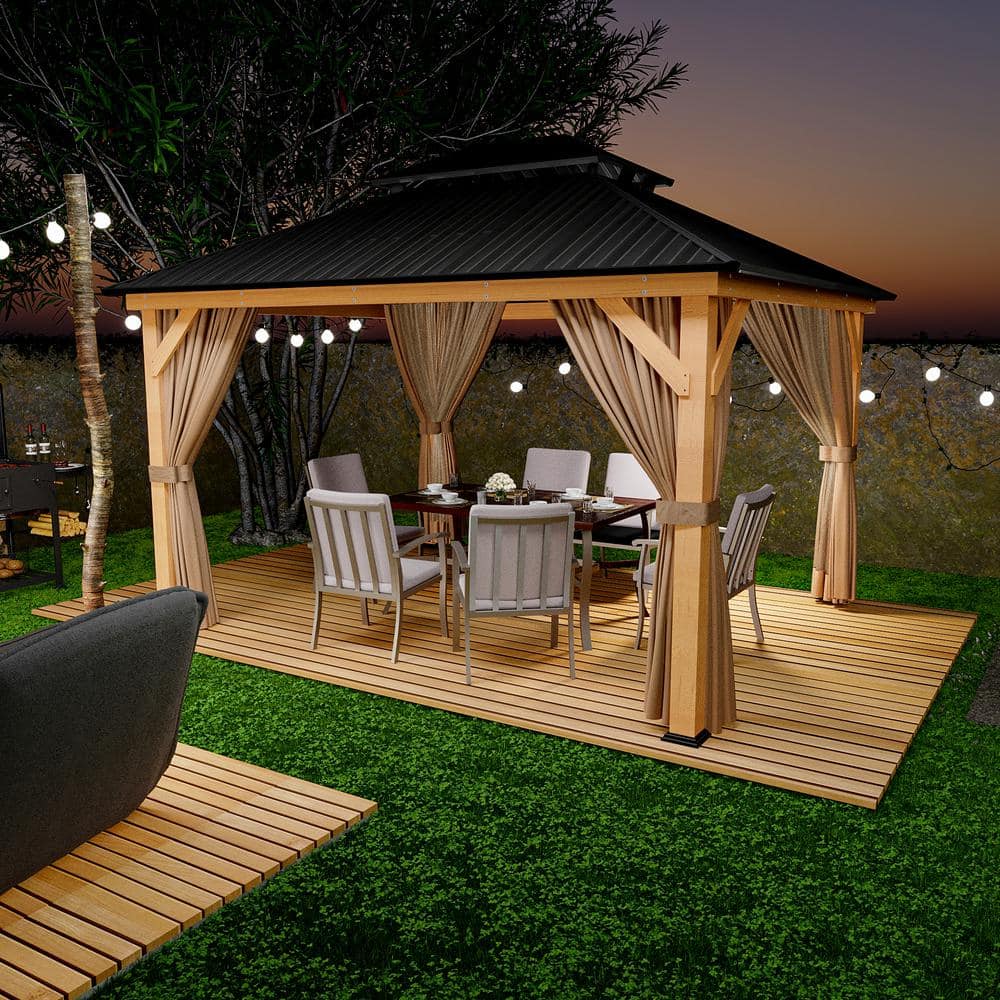 11' x 13' Black Metal Roof Wood Patio Gazebo